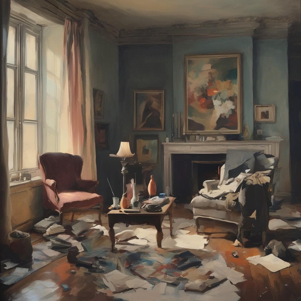 Αφαίρεση ορίων της μορφής, πορτρέτο εσωτερικού χώρου, ζωγραφική εσωτερικό σαλονιού με ακατάστατο χώρο και τέχνη μοντέρνας τέχνης.