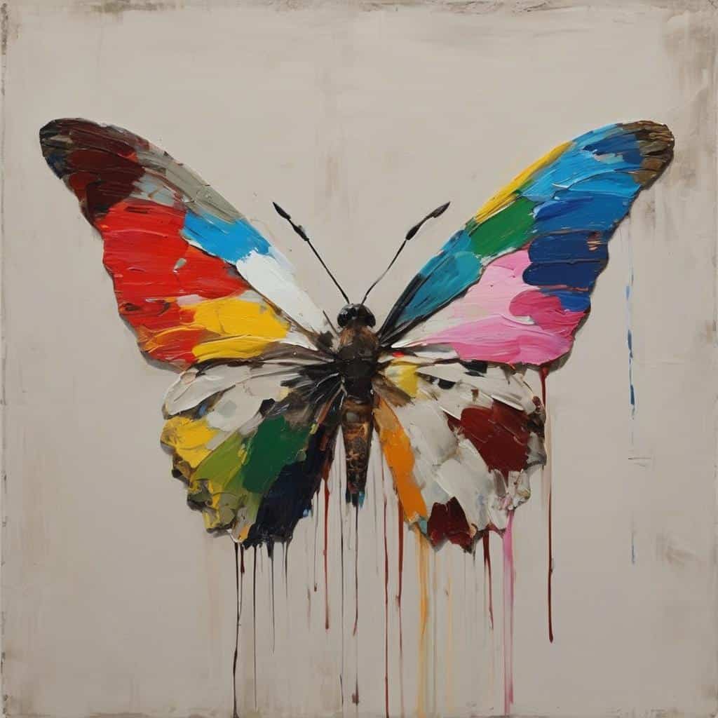 πολύχρωμη πεταλούδα ζωγραφιά, αφαιρετική τέχνη, καλλιτεχνική ερμηνεία, αφαίρεση ορίων της μορφής, σύγχρονη τέχνη, ελεύθερη έκφραση, μορφή πεταλούδας, ζωγραφική τέχνη.
