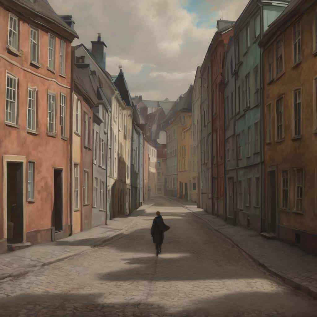 Αφαίρεση των ορίων της μορφής, αστική σκηνή, πολύχρωμα παλιά κτίρια, καλλιτεχνικό περιβάλλον, ήσυχη γειτονιά, φακός δρόμου, ομοιόμορφη αρχιτεκτονική.