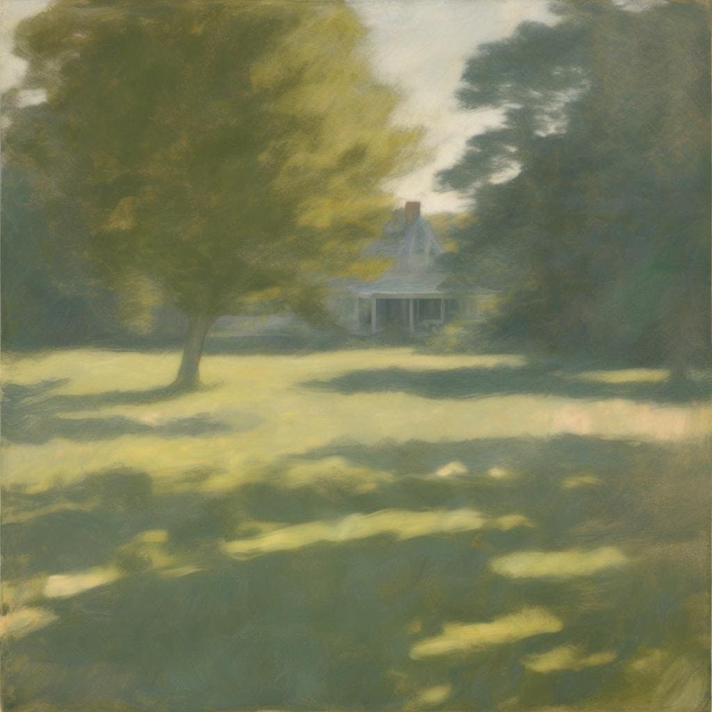 Άγρια φύση και ήρεμο σπίτι σε καταπράσινο τοπίο, εκφραστικό έργο ζωγραφικής με ήπια χρώματα και απλό εστιασμό.