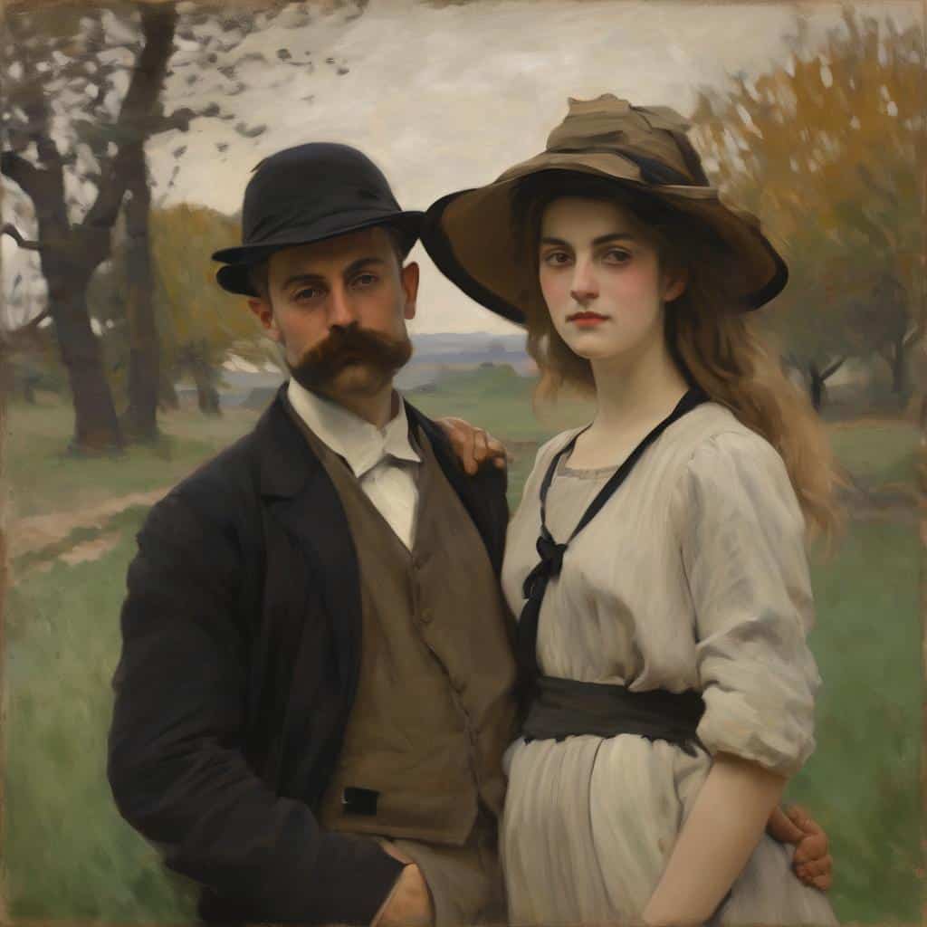 Άνθρωποι σε ρεαλιστικό σκίτσο με παλιό ρούχα, σε εξωτερικό περιβάλλον με δέντρα και φύλλα, εποχή φθινοπώρου.