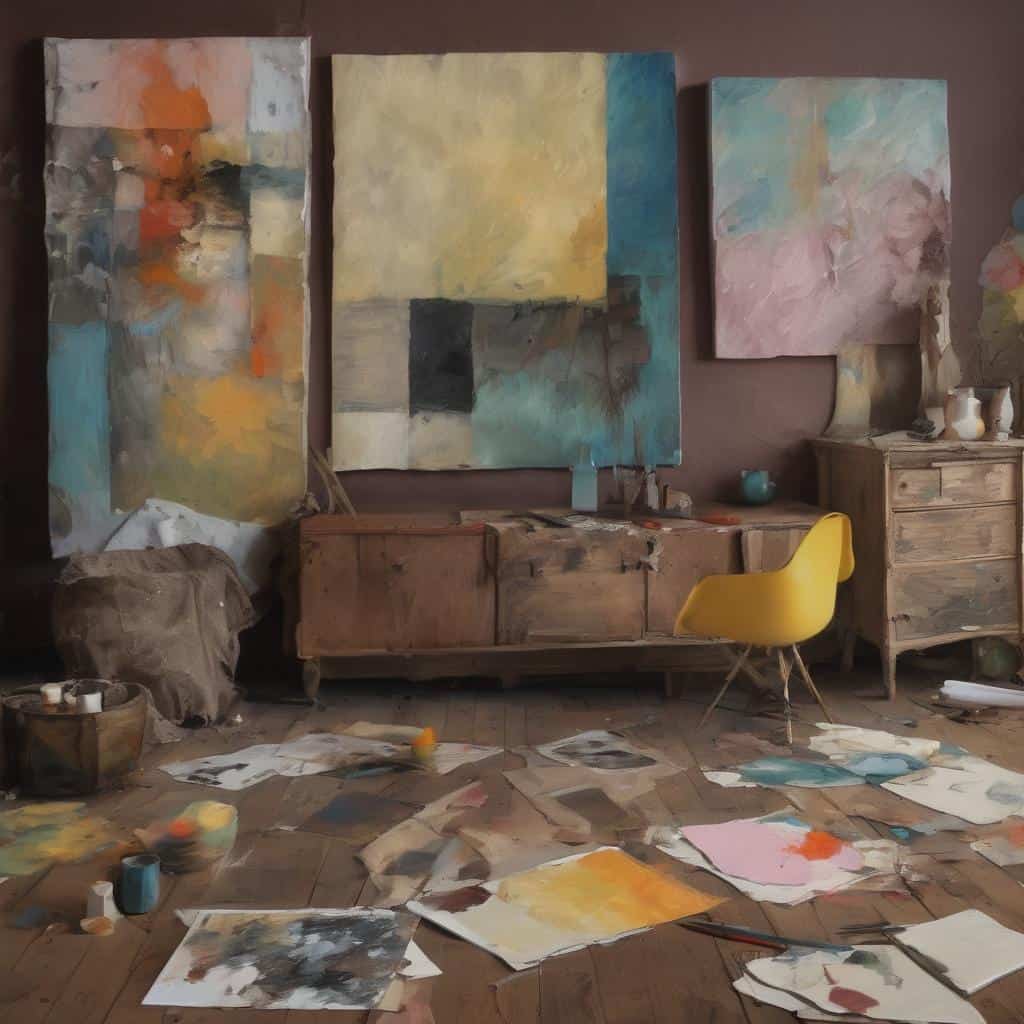 Ζωγραφικοί πίνακες σε καλλιτεχνικό στούντιο, σύγχρονη τέχνη αφαιρετικής μορφής, χρώματα και δημιουργικότητα.