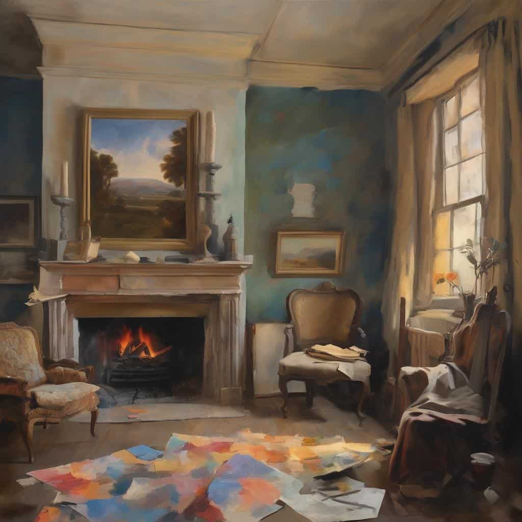 Αφαίρεση ορίων της μορφής, εσωτερικό σπίτι με τζάκι και πίνακες ζωγραφικής, εκπληκτική τέχνη και διακόσμηση, άνετο και ζεστό περιβάλλον.